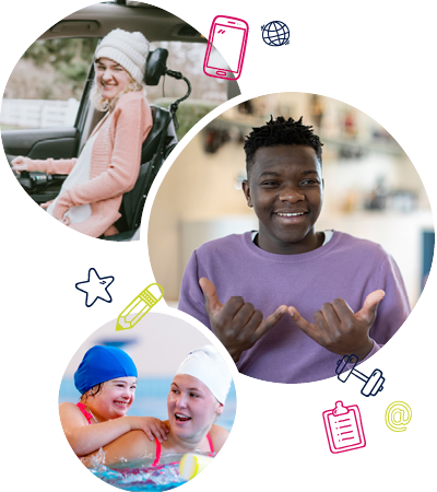 A group of three images. The first image is a girl sitting in a car in a wheelchair, the second image is a boy signing and the third image is a young girl receiving swimming instructions