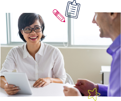 A Support Coordinator speaking to a participant with an iPad