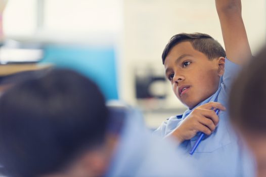 Young boy raising hand in classroom NDIS positive behaviour support