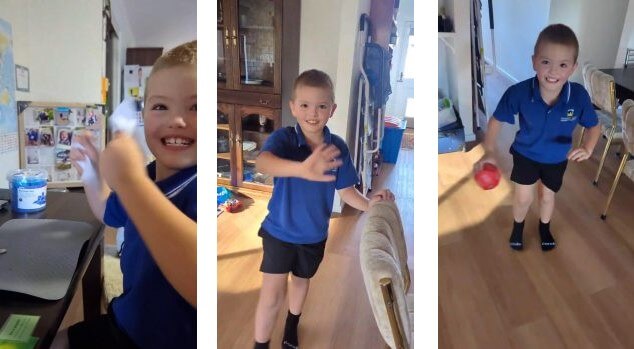 3 photos of Axel smiling, waving and cheering
