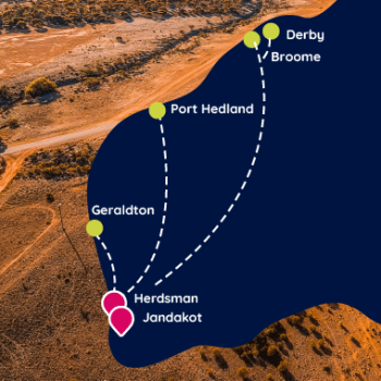 illustrated map of Western Australia with markers running south to north in Herdsman, Jandakot, Geraldton, Port Hedland, broome, and Derby, representing AAA locations